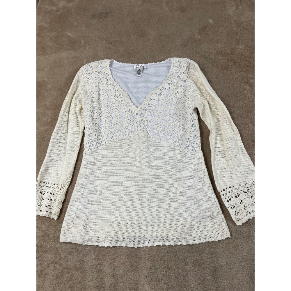 Vintage Lilly Pulizer Crochet V-Neck Sweater Linen Blend women S ivory white euc